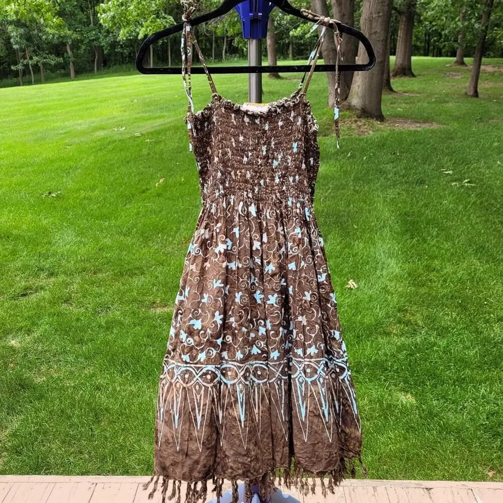Boho Fringed Smocked Sundress by kokonuts Brown Tie Dye Blue Print one size